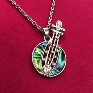 Abalone Shell & white Austrian Crystal musical mandolin pendant, stainless chain